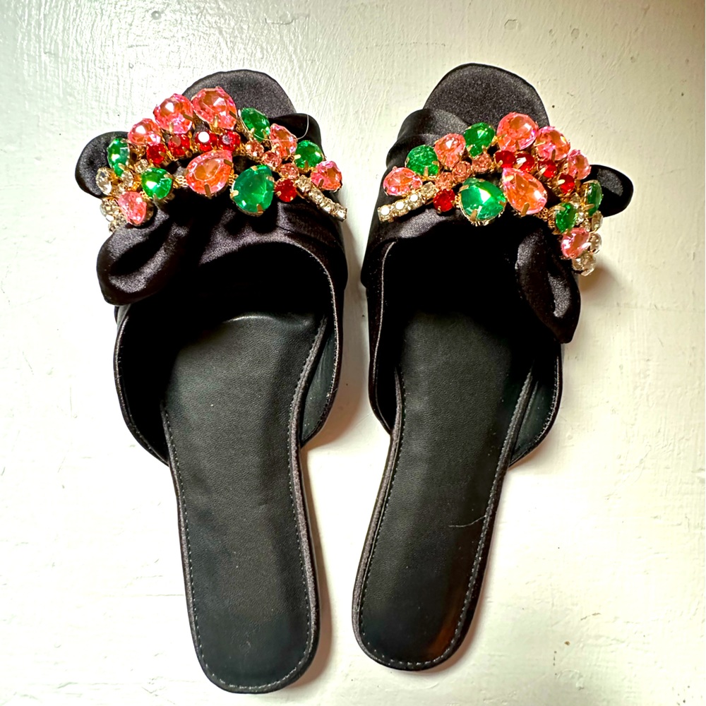 Satin and rhinestone slip on holiday flats
